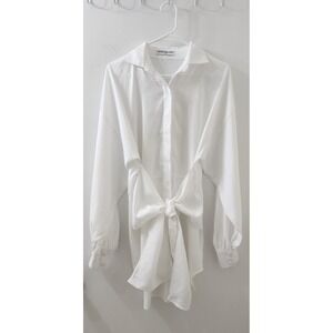 Nonchalant Label White Front Tie Mini Shirt Dress High Low Hem Long Sleeve